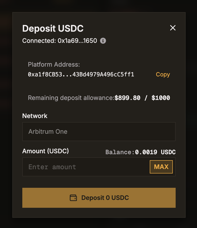 Screenshot of the Deposit modal showing the amount input field.