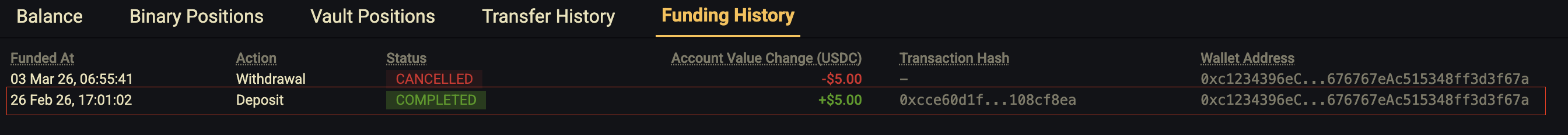 Screenshot of the Funding History tab showing deposit entries.