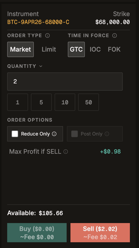 Close-up of the Buy/Sell buttons showing estimated cost and fee.