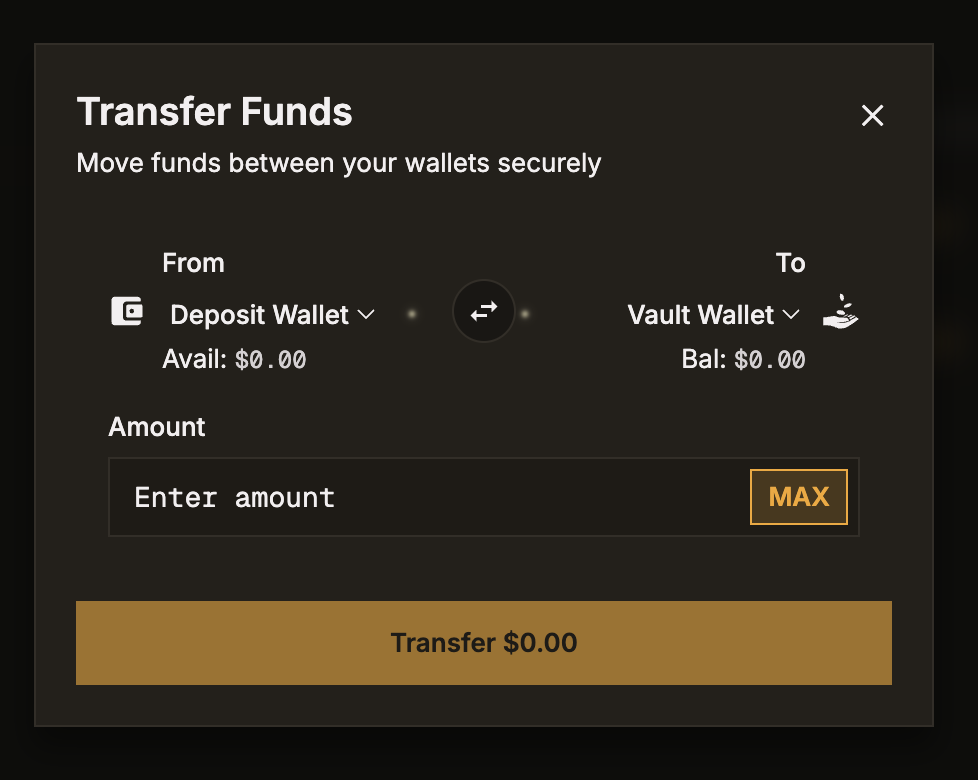 Screenshot of the Transfer modal showing From/To dropdowns and amount input.