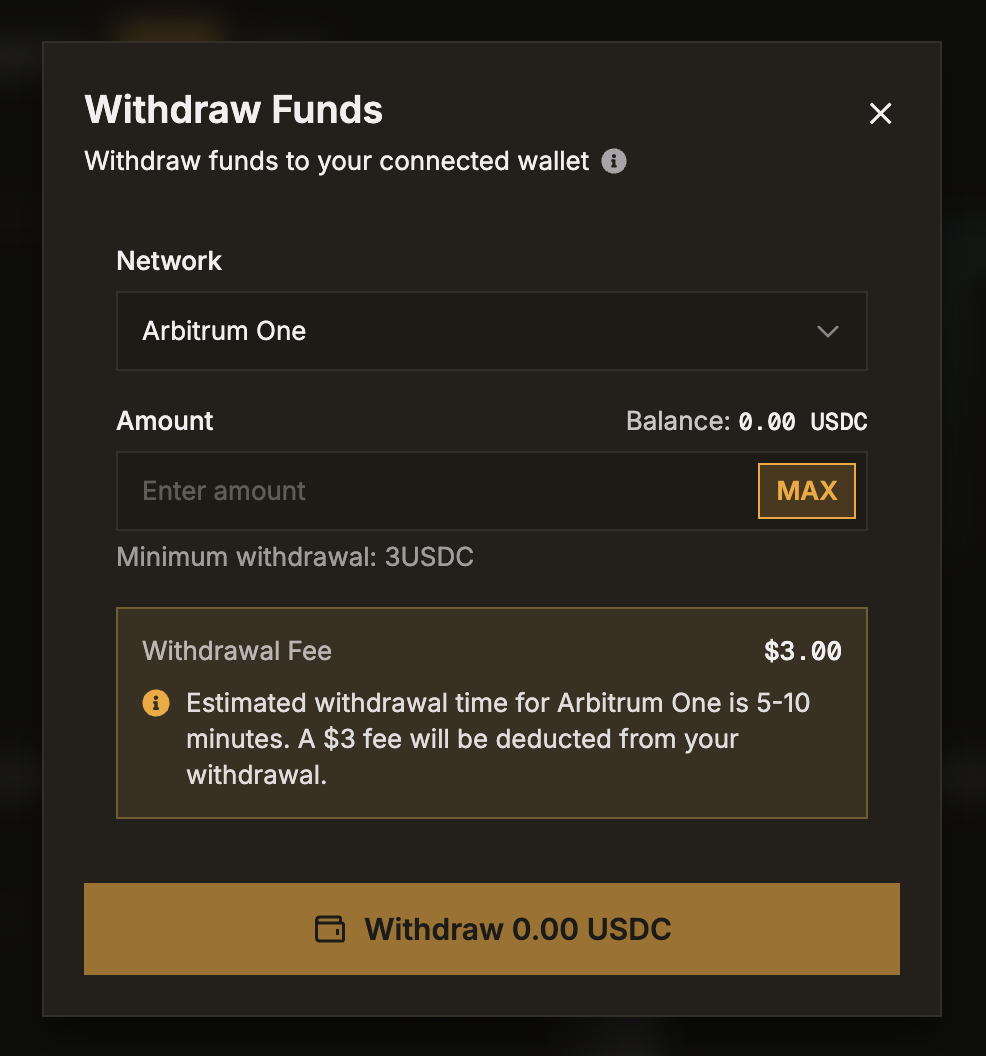 Screenshot of the Withdrawal modal showing address input, amount, fee, and Withdraw button.